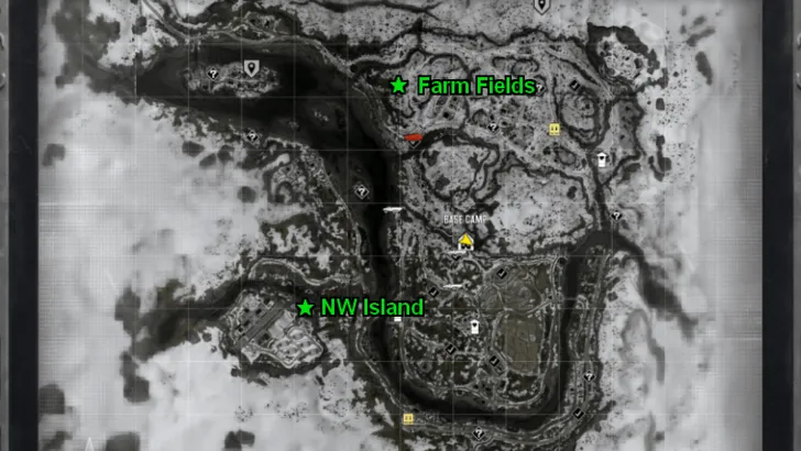 Map showing the Farm Fields and island hidden bunker locations in MW4 Stranded