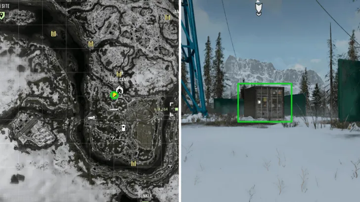 Map and in-game view of the Base Camp shipping container next to the radio tower in MW4 Stranded