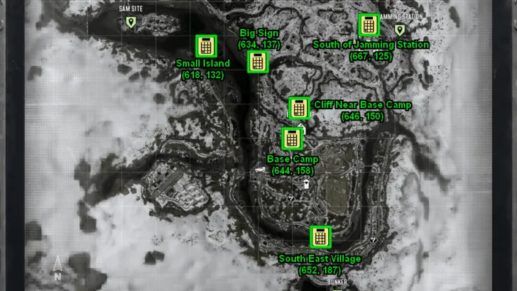 Map of all six shipping container keypad locations in the MW4 Stranded mission, with coordinates